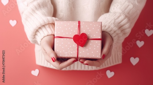 Woman hands give wrapped valentine or other holiday handmade present in paper with red ribbon. Generative AI