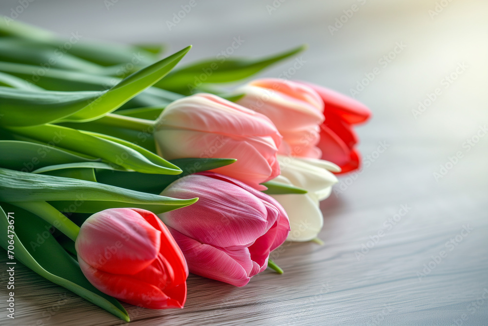 bouquet of tulips. pupils on a table. st valentine. valentine's day. celebration, cozy and beauty. beautiful flowers red pink and white bouquet of tulips. pupils on a table. st valentine. valentine's day. celebration, cozy and beauty. beautiful flowers red pink and white