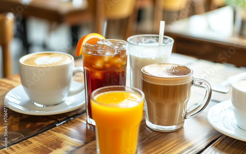 different drinks - tea, coffee, juice on a cafe wooden table. beverages for a cafe or restaurant menu ad, non-alcoholic beverages or drinks