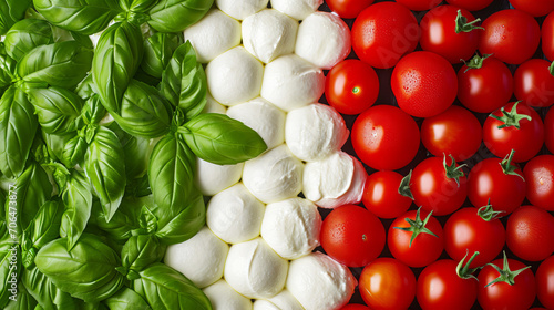 Fototapeta Naklejka Na Ścianę i Meble -  Abstract Italian flag made from green basil, white mozzarella, red tomatoes