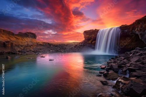 beautiful waterfall nature landscape at sunset