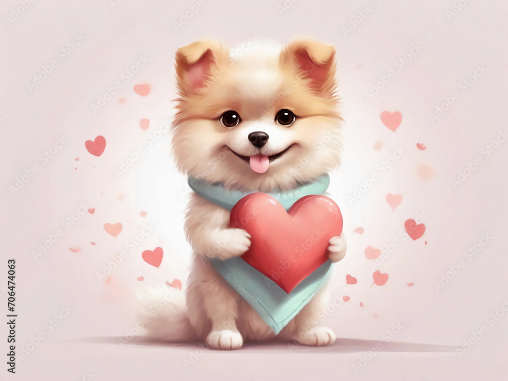 Cute fluffy baby dog holding heart for Valentine's day.