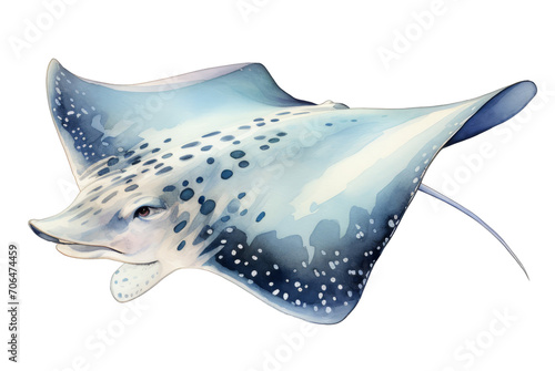 Watercolor illustration of stingrays on a white background. Realistic underwater wild animal. Hand drawn of ray fish in blue color isolated on white background, marine life