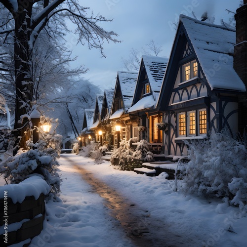 Winter night in the village. Wooden houses in the winter forest.
