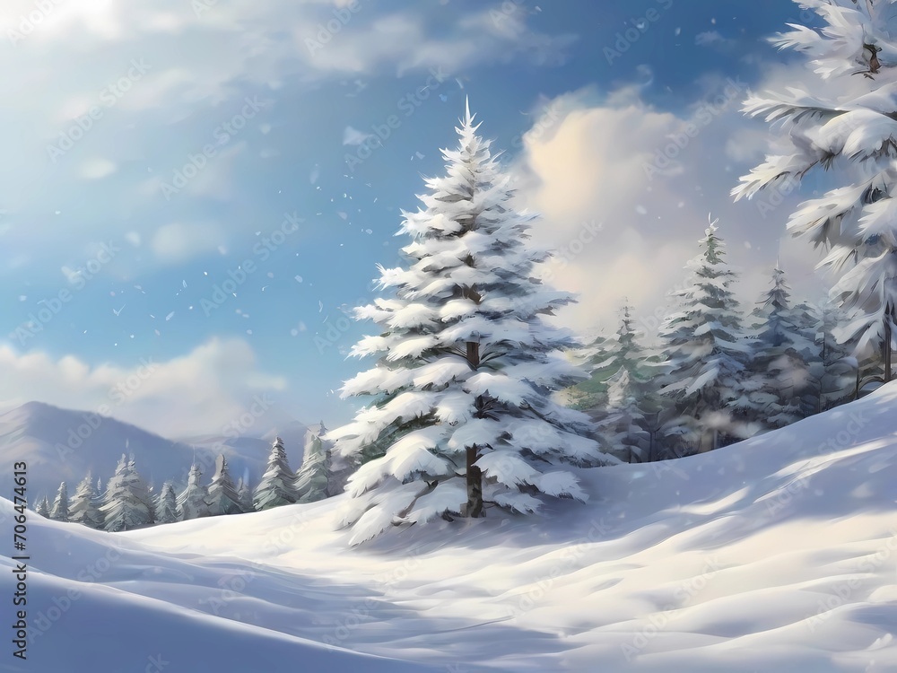 Breathtaking view of a snowy mountain. Serene winter scenery with snow-covered trees and majestic mountains Breathtaking view of a snowy mountain. Serene winter scenery with snow-covered trees and majestic mountains