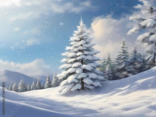 Breathtaking view of a snowy mountain. Serene winter scenery with snow-covered trees and majestic mountains  © triocean