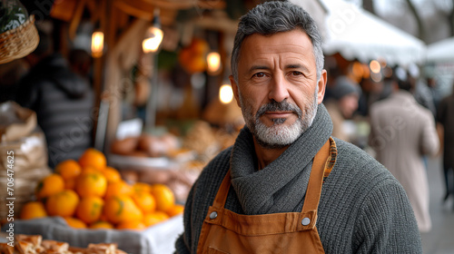 Portrait of a man near a stall in the outdoor food market. 