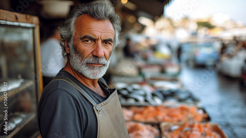 Portrait of an elderly man near a stall in the outdoor food market. 