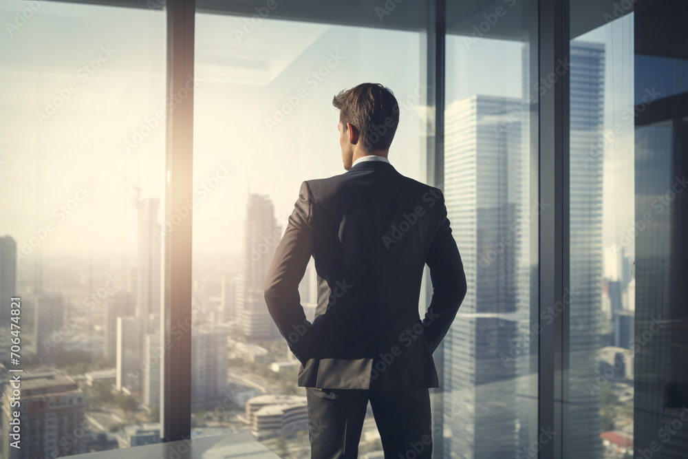 businessman in the high rise office looking through window city view with golden hour lighting businessman in the high rise office looking through window city view with golden hour lighting