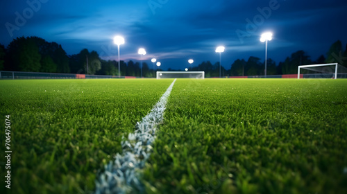 football stadium with green grass field in night time, soccer stadium background for competitive game © ciaoaleandro