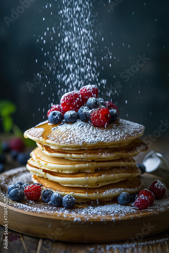 Tasty pancakes with a berries and honey, food photography style