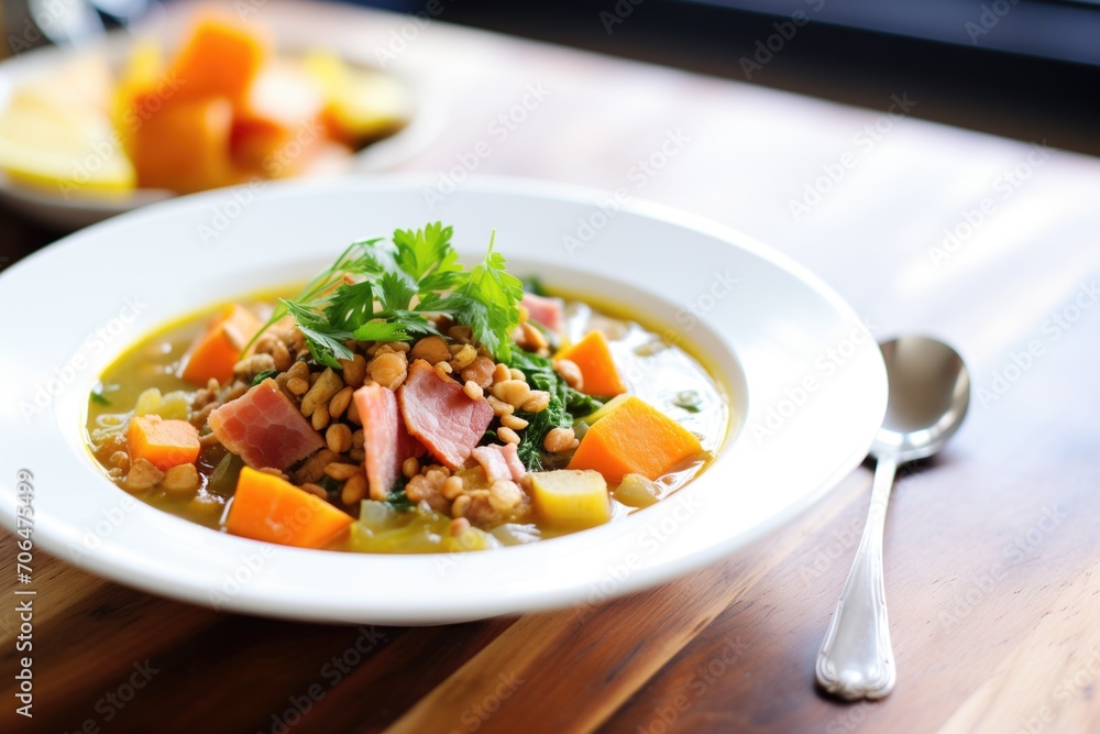 hearty lentil soup with chunks of ham and carrots hearty lentil soup with chunks of ham and carrots
