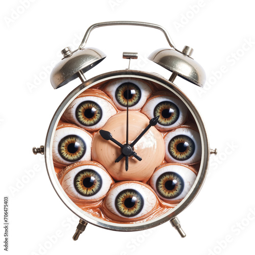 Clock Filled with Eyes, isolated on white background or transparent background. eerie, surreal, halloween element, clipart photo