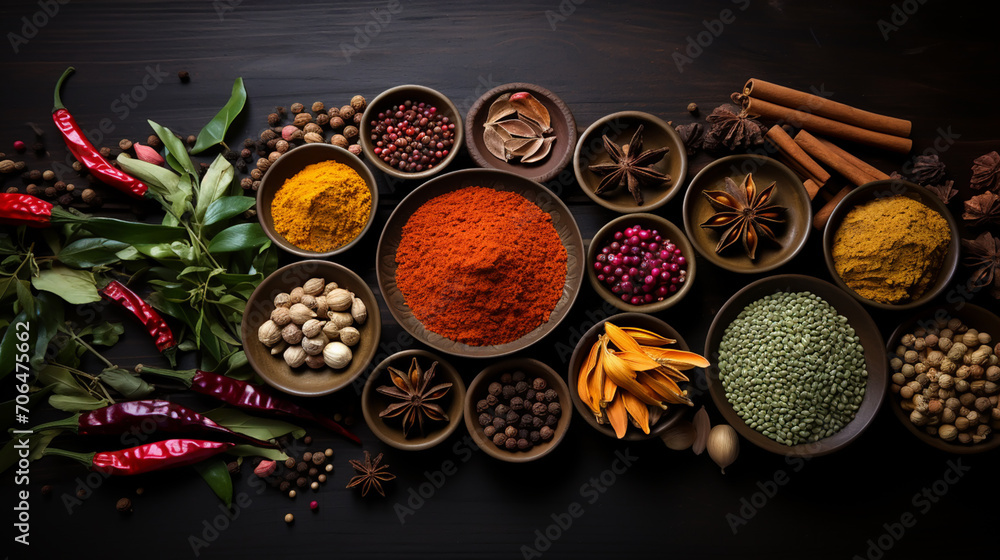 Various herbs and spices on black stone plate, art composition