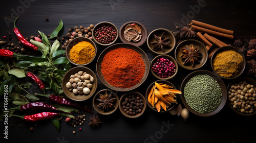 Various herbs and spices on black stone plate, art composition photo