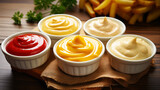 Ketchup, mustard and mayonnaise in bowls on a wooden table