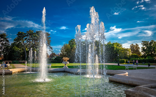  view of The Festetics Palace fountain, located in the Keszthely, Zala, Hungary.