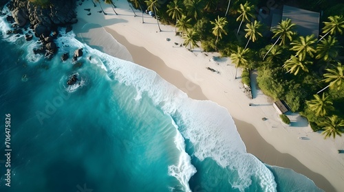 Aerial view of tropical beach with palm trees and sand, Seychelles © A