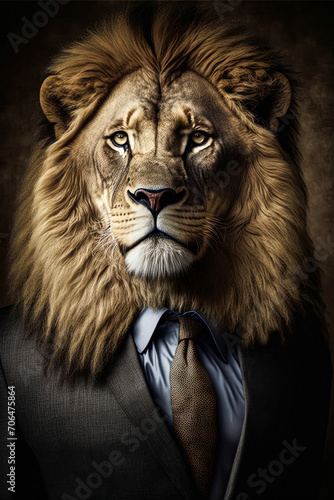 Portrait of a lion dressed in a business suit looking at camera.