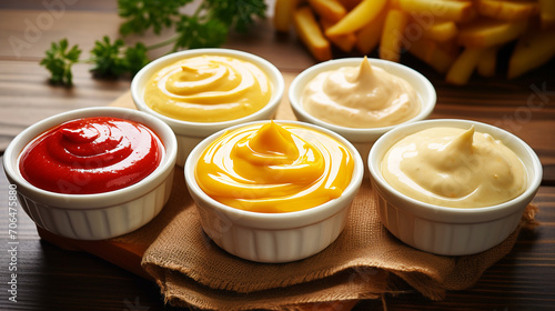 Ketchup, mustard and mayonnaise in bowls on a wooden table photo