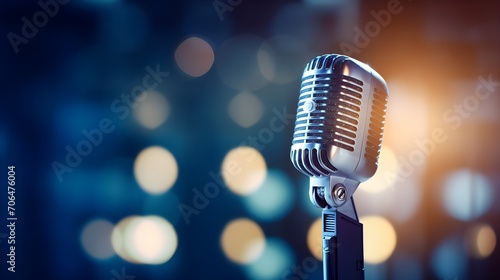 retro microphone on stage with dark blue blurry bokeh background