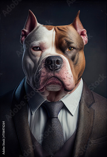 Portrait of a dog American Bully dressed in a formal business suit.