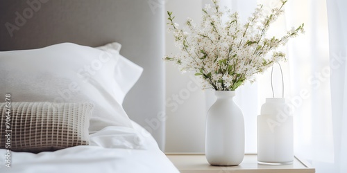 Lamp and flowers on the nightstand in the bedroom. Home interior in Scandinavian style. photo