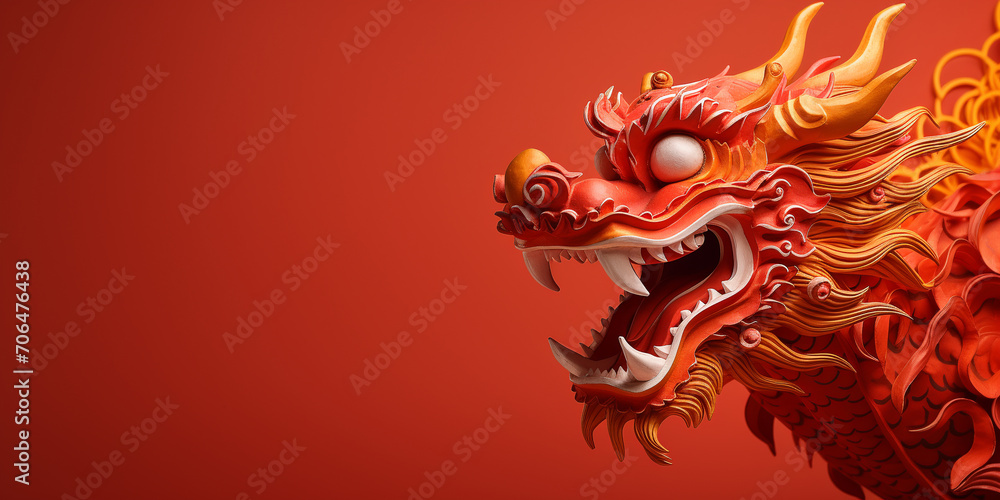 Chinese dragon on a festive red background. Chinese Lunar New Year celebration concept