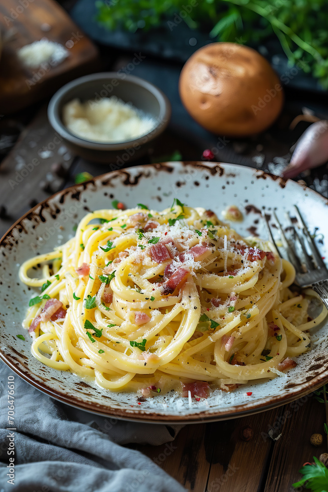 delicious Italian pasta carbonara modern food photography in rustic style . in detail
