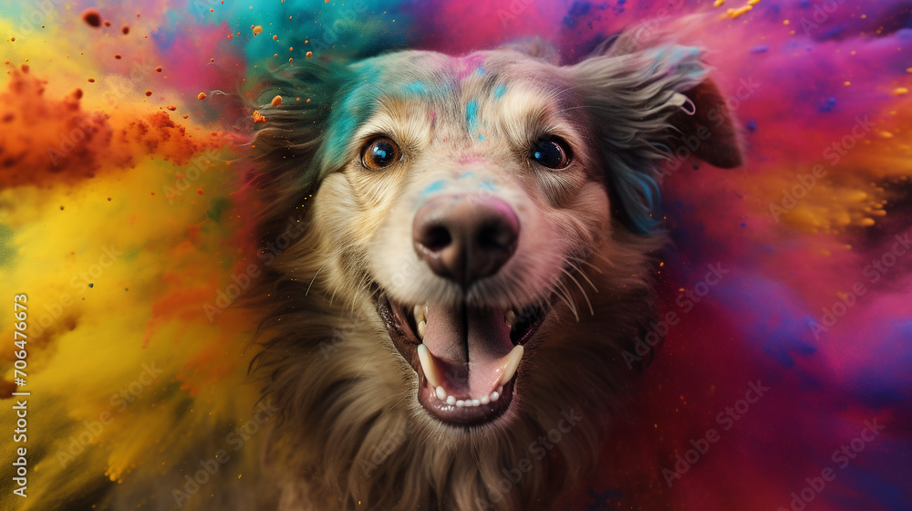 Colorful Holi powder explodes on dog's face, Holi festival Colorful Holi powder explodes on dog's face, Holi festival