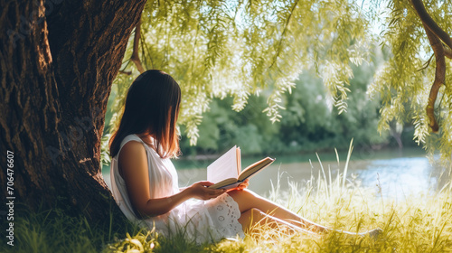 In midst of serene and sunny day, Asian woman discovers happiness within pages of her book, taking solace under tree on lush green grass at river photo