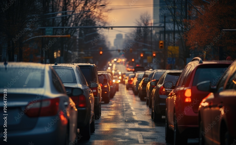 A crowded road with cars stuck in a traffic jam, commuter lifestyle photo