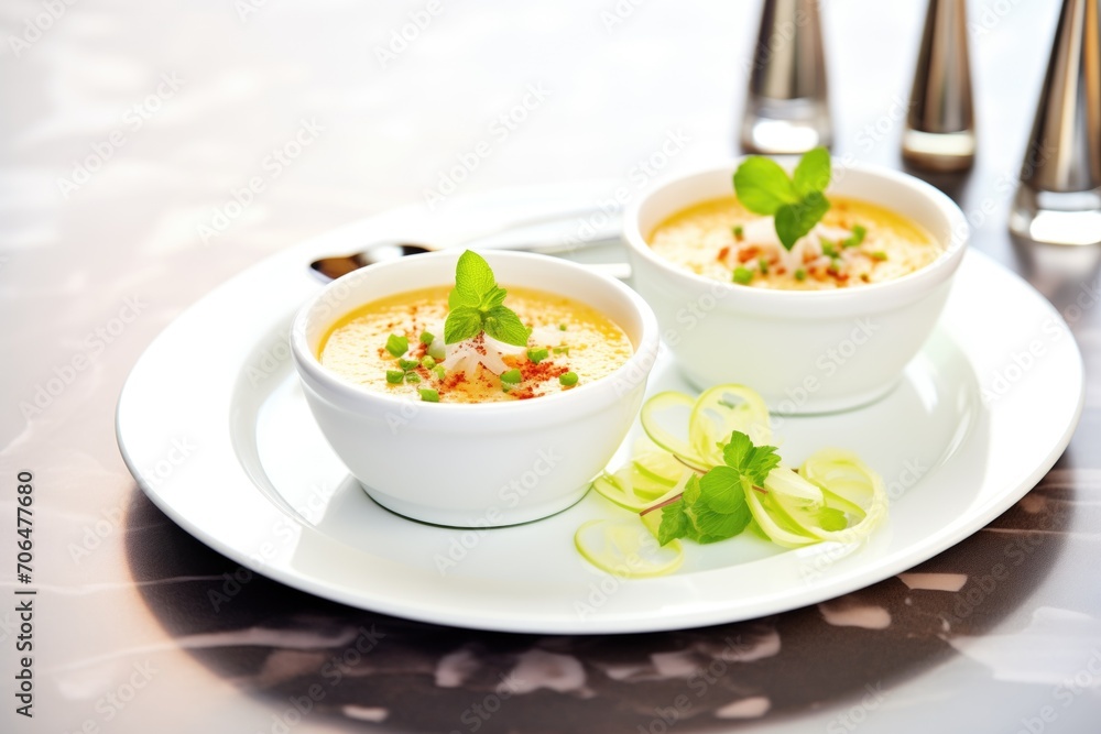bowls of gazpacho soup garnished with cucumber and mint