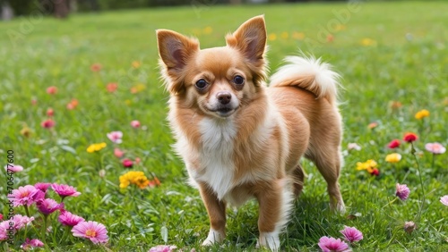 Red chihuahua dog in flower field