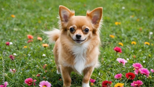 Red chihuahua dog in flower field