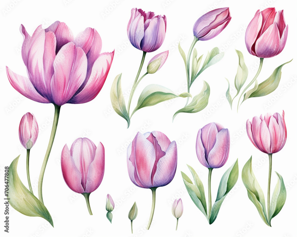 Fototapeta premium Tulip flowers and leaves, spring elements collection, isolated watercolor illustration