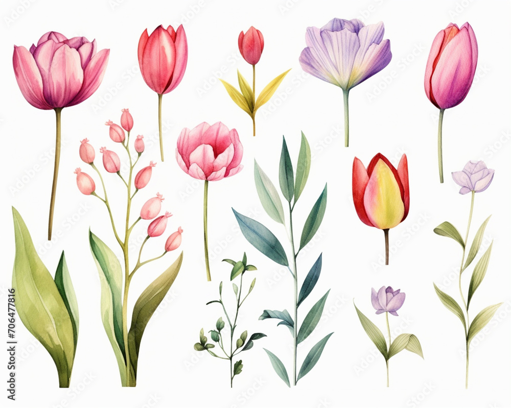 Tulip flowers and leaves, spring elements collection, isolated watercolor illustration Tulip flowers and leaves, spring elements collection, isolated watercolor illustration