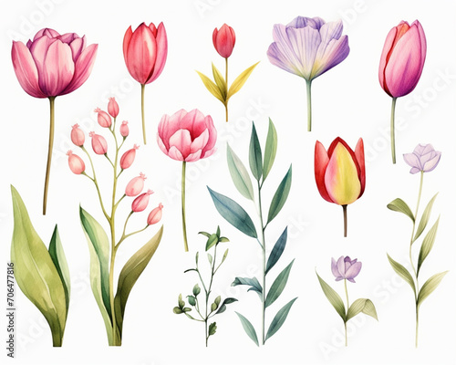 Tulip flowers and leaves  spring elements collection  isolated watercolor illustration