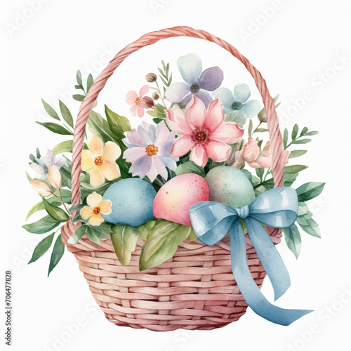 Easter basket with decorated eggs and flowers, celebration concept, isolated watercolor illustration