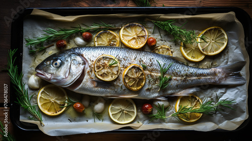 Roasted fish with lemon on plate.Delicious baked fish.Copy space