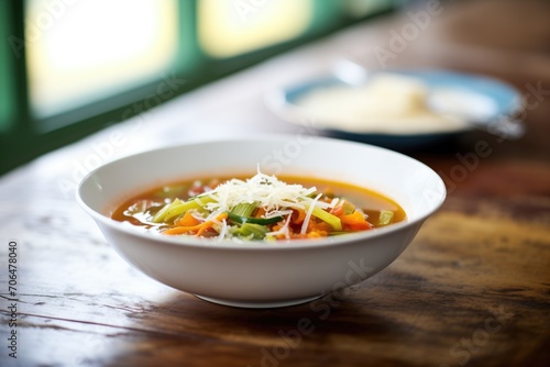 single serving of minestrone, side of grated parmesan cheese