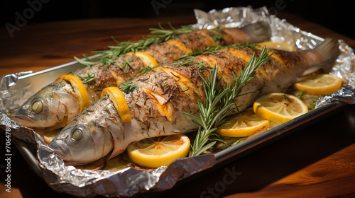 Roasted fish with lemon on plate.Delicious baked fish.Copy space