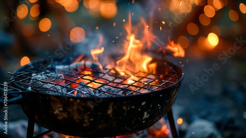 Hot BBQ grill with flaming fire and charcoal For a background image of grilling food.