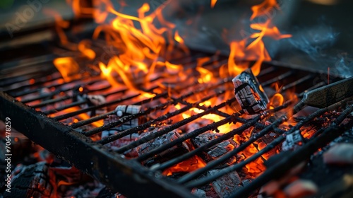 Hot BBQ grill with flaming fire and charcoal For a background image of grilling food. photo
