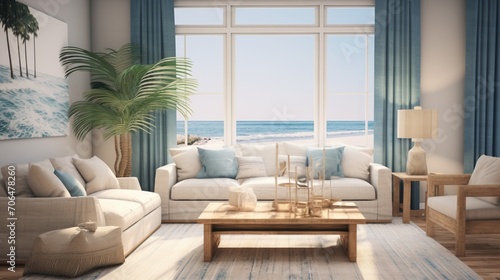 A modern living room designed with a coastal theme, incorporating natural textures, sea-inspired colors, and beachy accents © Jigxa