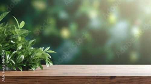 Warm Wood Table with Green Wall Background and Sunlit Window - Inviting Interior Design Concept for Modern Living Spaces