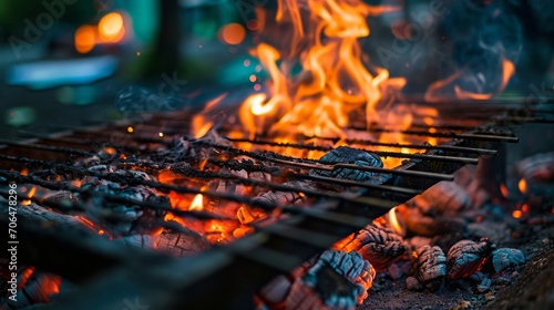 Hot BBQ grill with flaming fire and charcoal For a background image of grilling food.
