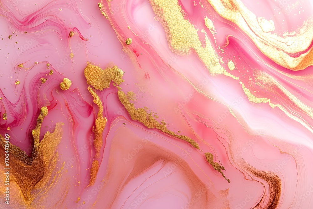 Pink and gold abstract marble background, fluid art shimmering wallpaper