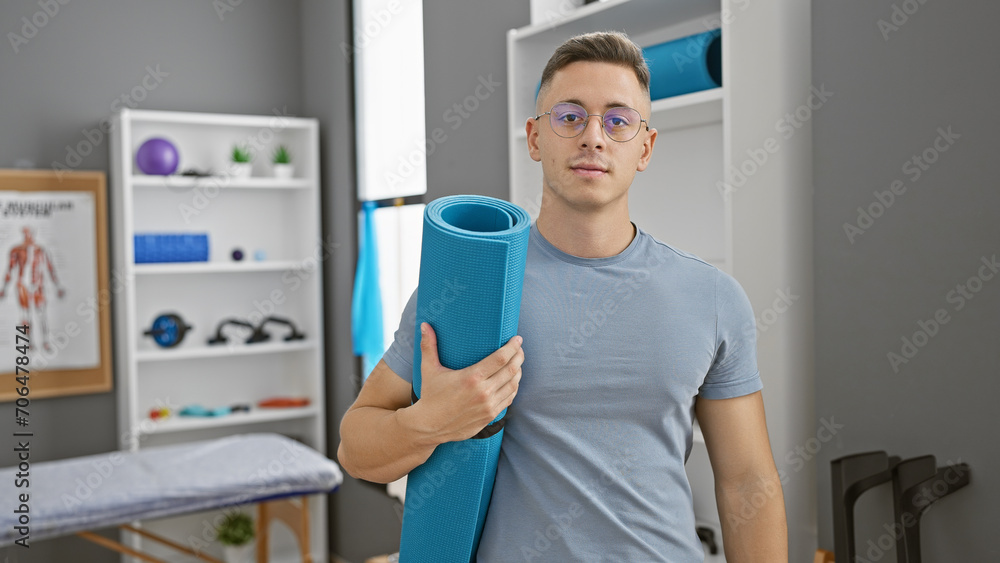 Handsome young hispanic man holding a yoga mat in a modern rehabilitation clinic's therapy room.