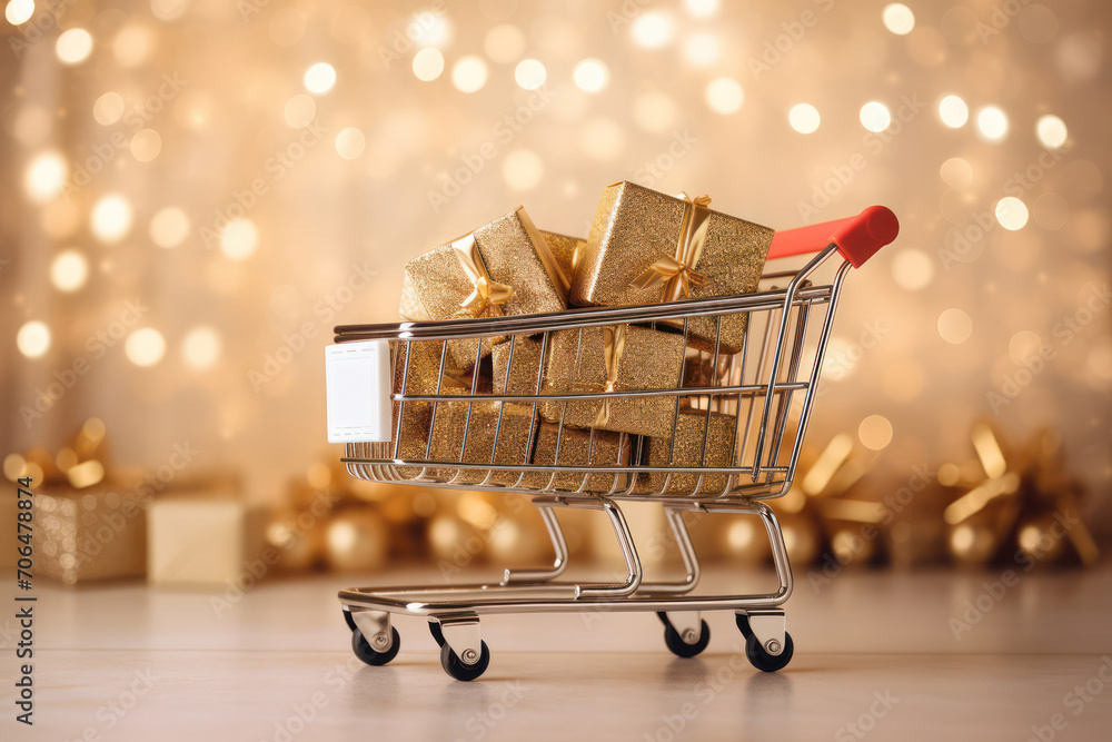 Joyful Christmas Shopping: Festive Sale with Red Gift Boxes in Shopping Cart on Bokeh Background
